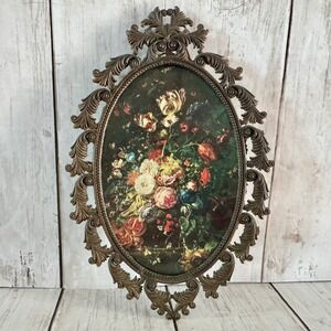 Vintage Italian Ornate Brass  8 1/2" Oval Frame Moody Floral Still Life Wall Art